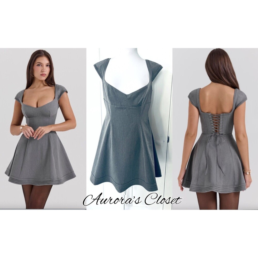 House of CB L+ Gray Mini Dress Cocktail Fit Flare Corset Lace Up Back NWT $269